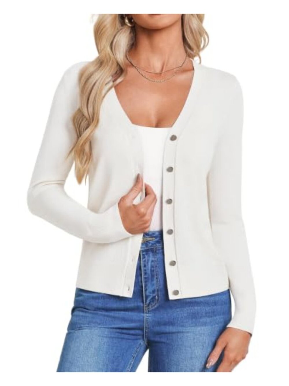 V-Neck Cardigan Sweater Gold Buttons Long Sleeve Lightweight Knit